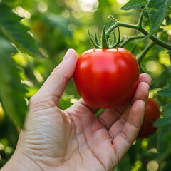 Fresh ripe tomato harvested by hand from garden with green leaves