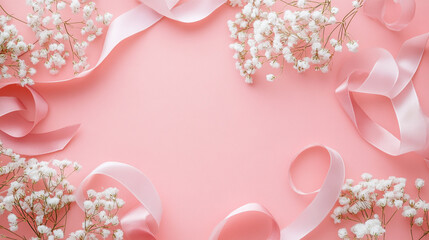 Pink background with white flowers and pink ribbons a lovely spring or summer design