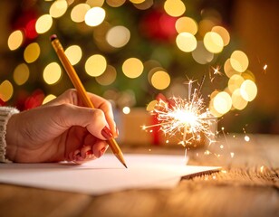 Hand writing a letter, Christmas lights
