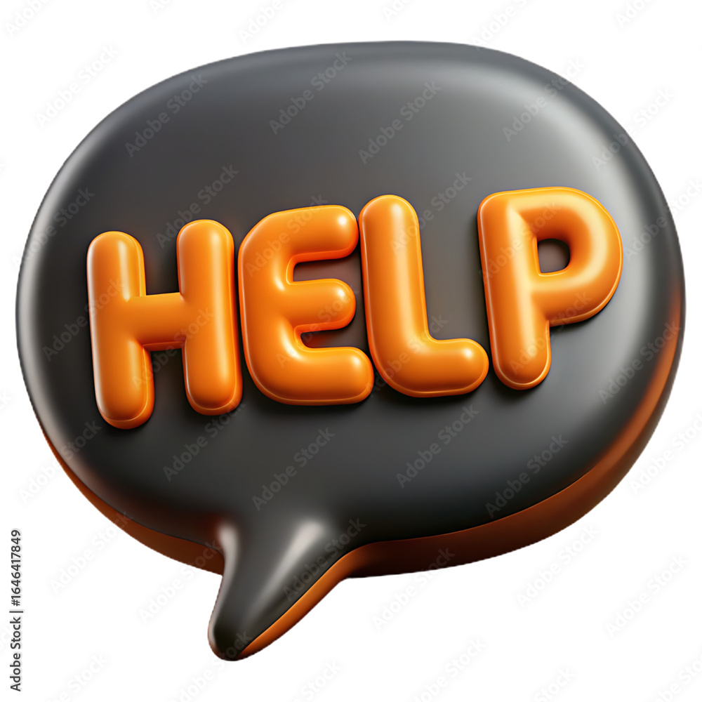 Poster 3d rendered speech bubble with 'help' text for customer support and assistance, ideal for websites a
