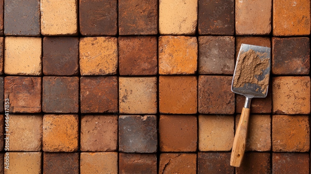 Aufkleber close up view of a construction worker laying bricks with mortar and trowel for a new building proje