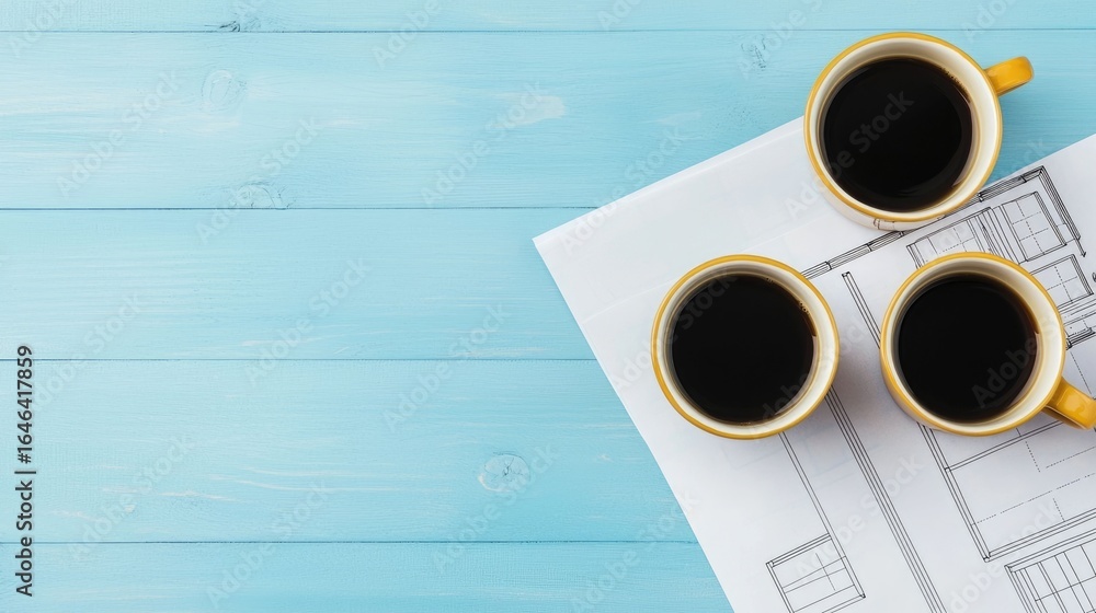 Poster a top down view of blueprint plans and documents spread out on a table with coffee cups placed along