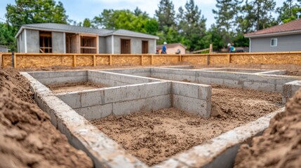 Concrete Pouring for a Building Foundation with Construction Crew at Work Site   Heavy machinery equipment and workers laying the groundwork for a new construction project