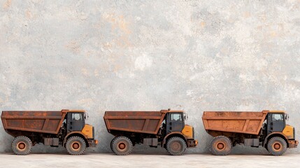 Obraz premium Three large orange industrial dump trucks parked at an outdoor construction development site showcasing modern heavy equipment machinery and infrastructure development technology