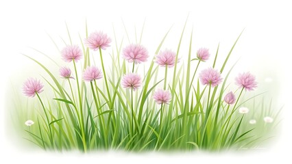 Delicate pink wildflowers blooming in a lush green meadow with soft focus and a bright white background