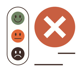 Traffic light emoticons representing positive, neutral, and negative feedback next to a bold red cross symbol. Ideal for decision making, quality assessment, approval, rejection, error, feedback