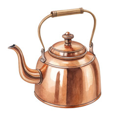 Antique copper kettle with wooden handle isolated on transparent background