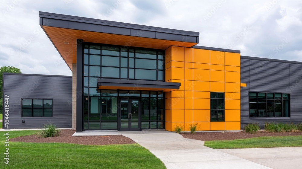 Poster completed modern architecture commercial building with sleek glass facade and angular design element