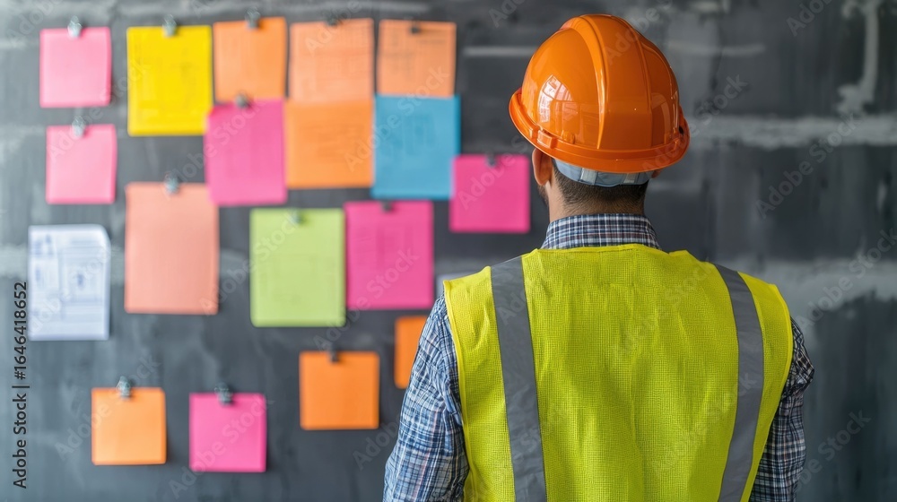 Poster construction drawings pinned up on a bulletin board in a project management office highlighting the 