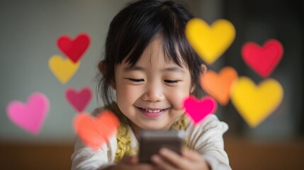 Little happy smiling cute asian girl looking at smartphone screen with colourful hearts floating around. Social media digital chat communication and notification icons concept