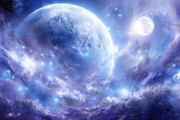 Obraz premium A vibrant, cosmic scene featuring a large, icy planet amidst swirling nebulae and a bright moon