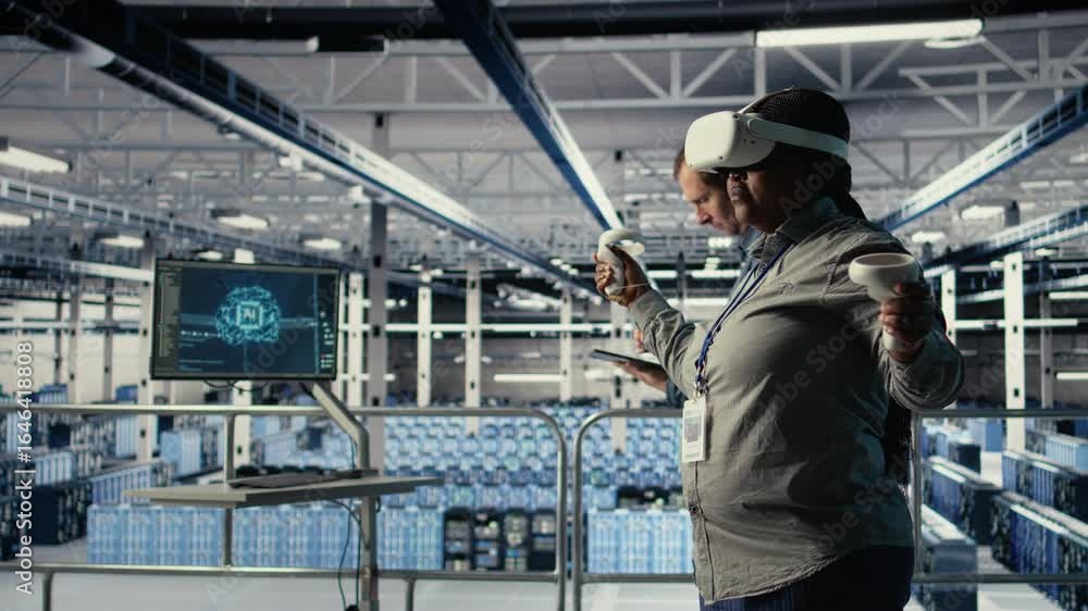 Aufkleber data center technician using virtual reality, improving ai rigs processing speed. server hub it expe