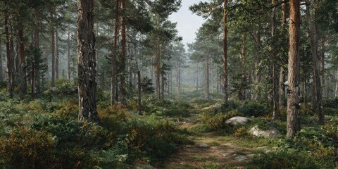 Misty pine forest path, tranquil morning scene, background foliage, nature backdrop