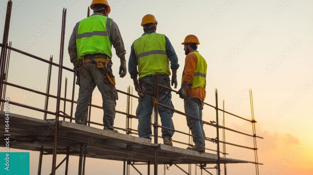 Poster daylight construction scene with scaffolding and workers standing on the platform at the building si