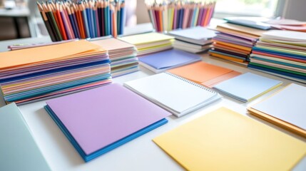 Overhead view of a variety of colorful stationery supplies including pencils pens markers notebooks and other tools arranged on a table or desk for creative and productivity