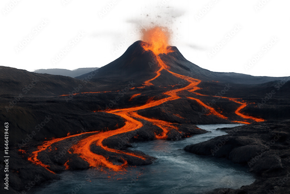 Poster volcano erupting fiercely, with lava flowing dramatically into a river, creating a striking scene ag
