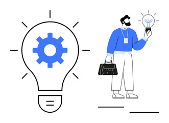 Businessman holding small bulb symbolizing idea, standing near giant lightbulb with gear at center. Ideal for innovation, problem-solving, teamwork, creativity, entrepreneurship, productivity