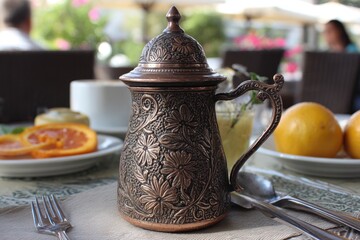 Ornate copper teapot on a cafe table, surrounded by food and drink