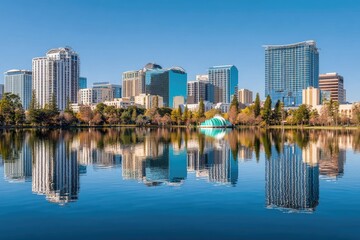 Fototapeta premium City skyline reflected in a tranquil lake. 