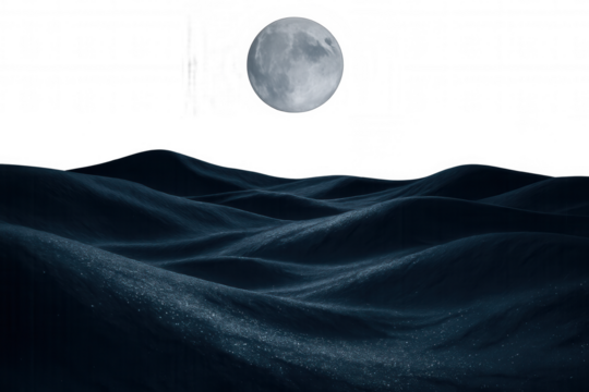 Moon shining over dark rolling hills at night, with transparent background, creating a mysterious and serene atmosphere