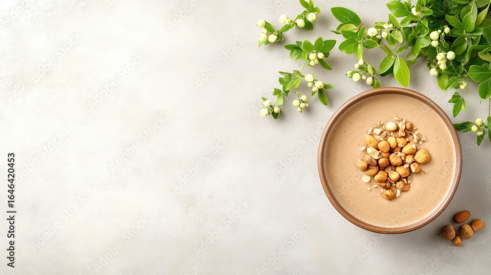 Poster overhead view of a beautifully arranged smoothie bowl filled with a creamy and nutritious base toppe
