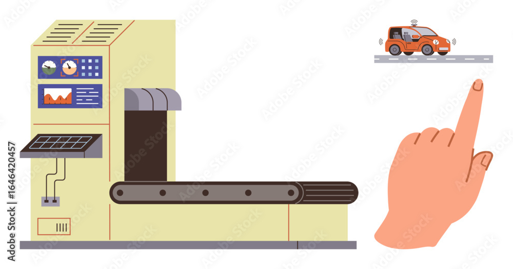 Poster industrial conveyor machine with control panel and output slot. hand gesture operating tiny car on a