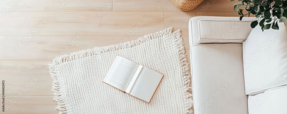 Poster cozy and inviting reading nook with stack of books and plush blanket on wooden floor in warm minimal