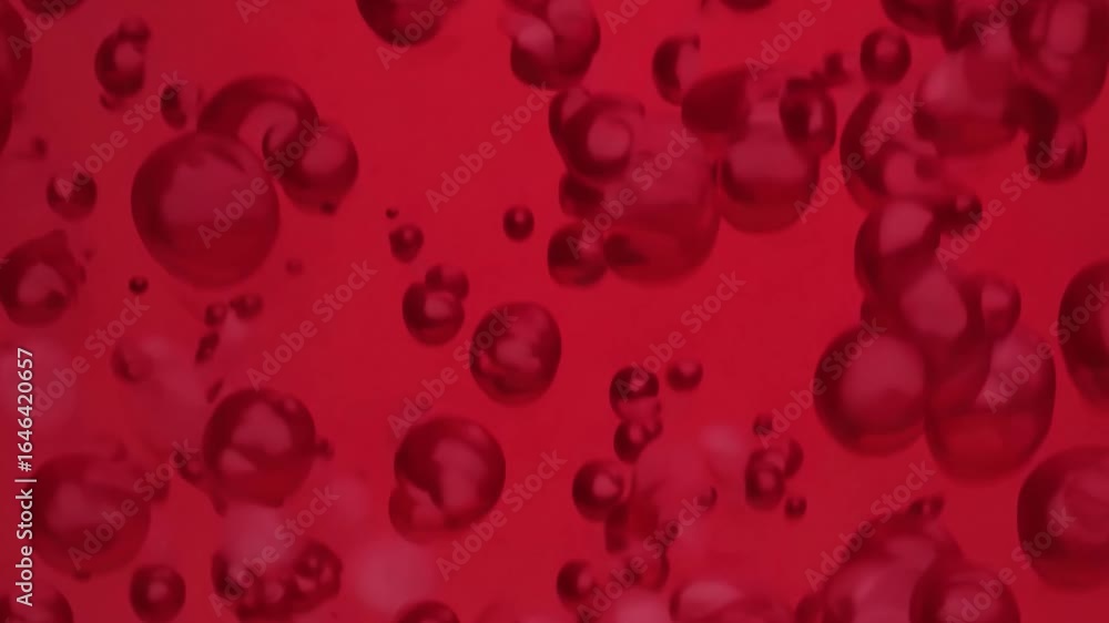 Poster Multiple red bubbles are suspended and moving slowly in a thick, viscous liquid, creating a mesmerizing visual effect