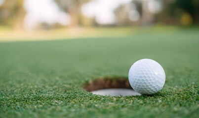 Obraz premium close-up of a white golf ball resting inside a golf hole on a vibrant green putting green