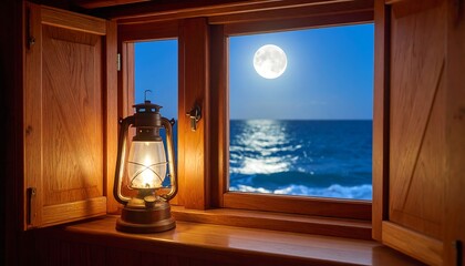 Wooden window, ocean moonlit view