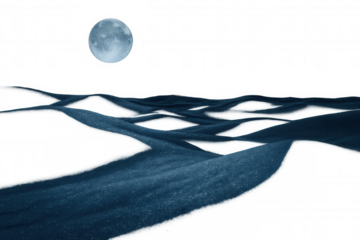 Sparkling blue desert landscape illuminated by a full moon at night, isolated on a transparent background, evoking a sense of tranquility