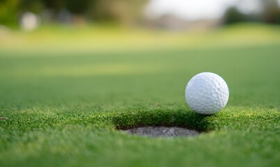  close-up of a white golf ball resting inside a golf hole on a vibrant green putting green