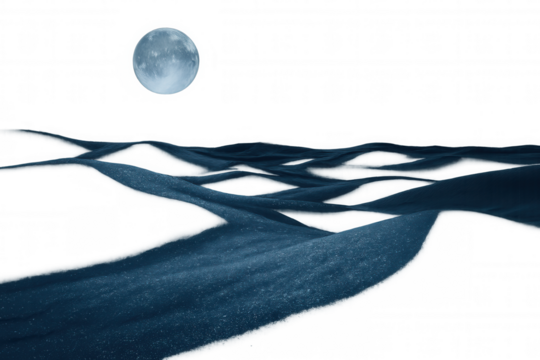 Sparkling blue desert landscape illuminated by a full moon at night, isolated on a transparent background, evoking a sense of tranquility