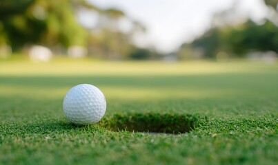 Obraz premium close-up of a white golf ball resting inside a golf hole on a vibrant green putting green