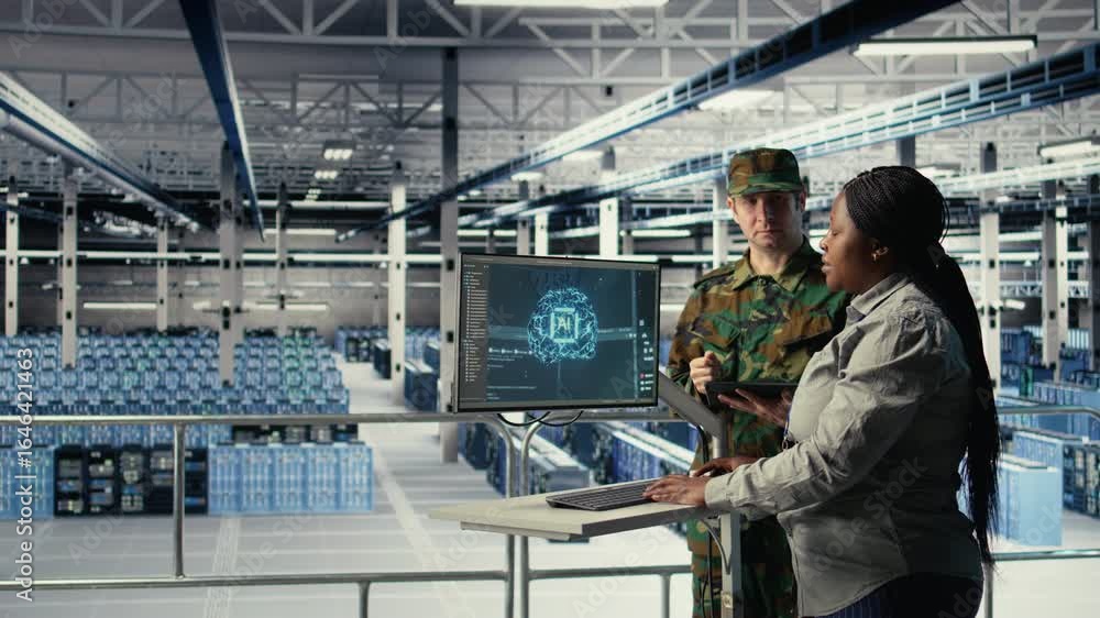 Poster army specialists in server room use advanced ai tools to review reconnaissance information. military