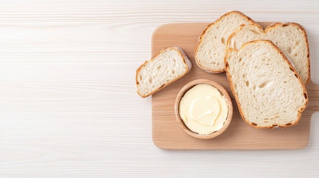 Artisanal bread slices and a creamy butter pat arranged on a rustic wooden board shot from a top down perspective with ample copy space  This image evokes a sense of homemade natural