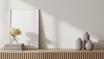 Minimalist interior scene featuring a blank canvas delicate flowers and neutral ceramic vases on a wooden shelf