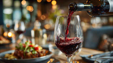 Pouring premium red wine into a wine glass in a cozy restaurant atmosphere
