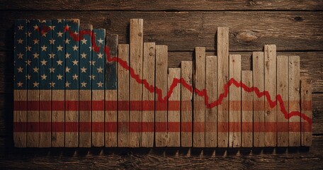 American flag-themed wooden chart showing a downward trend. A red line graphs a declining pattern over wooden planks, which are arranged to form an American flag pattern