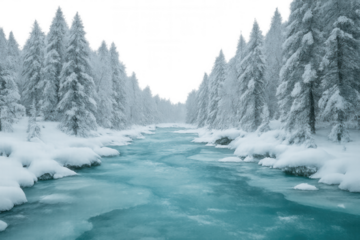 Turquoise river flowing through a snowy forest in winter, with a transparent background, perfect for winter-themed projects