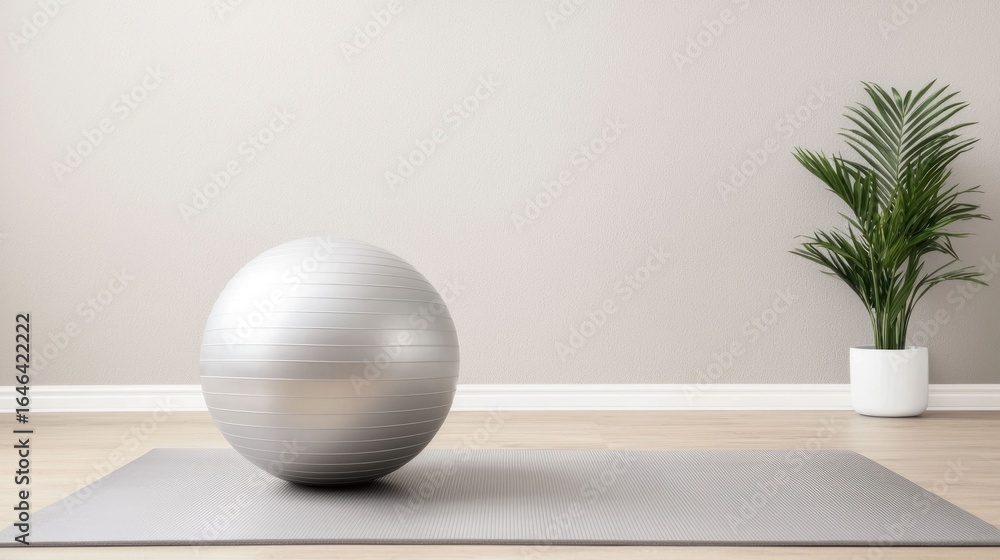Poster compact and organized home gym setup featuring a treadmill and exercise ball against a neutral toned