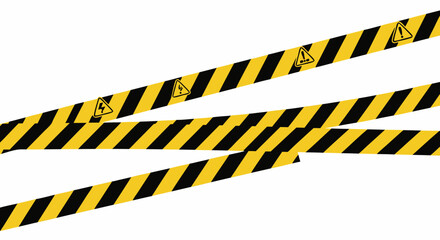 Yellow and black diagonal striped danger tape with warning symbols, creating a barrier for a restricted area on an isolated white background.