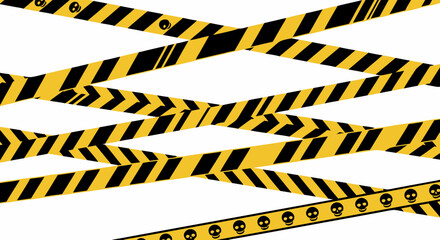 Crisscrossing yellow and black striped hazard tapes with skull symbols creating a barrier on a white background.