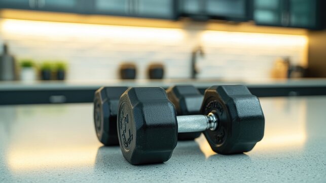 Adjustable dumbbells resting on a sleek modern countertop in a bright minimalist kitchen setting  The weights are the focal point