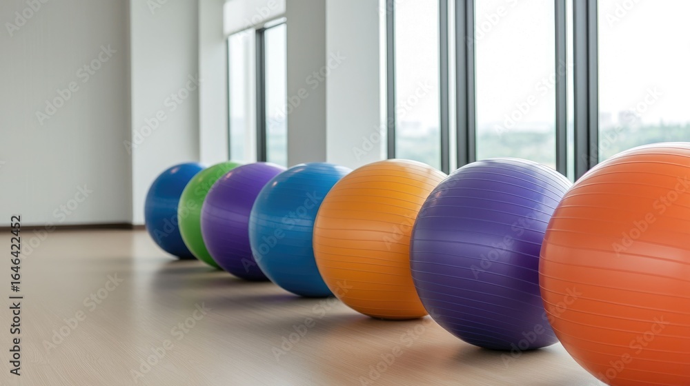 Poster vibrant array of colorful stability balls arranged in a row in a bright modern fitness studio settin
