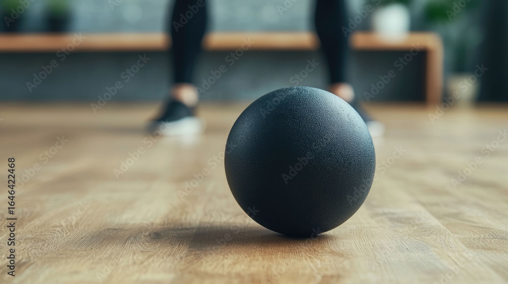 Poster sleek gray medicine ball resting on a polished wooden floor surrounded by minimal props creating a c