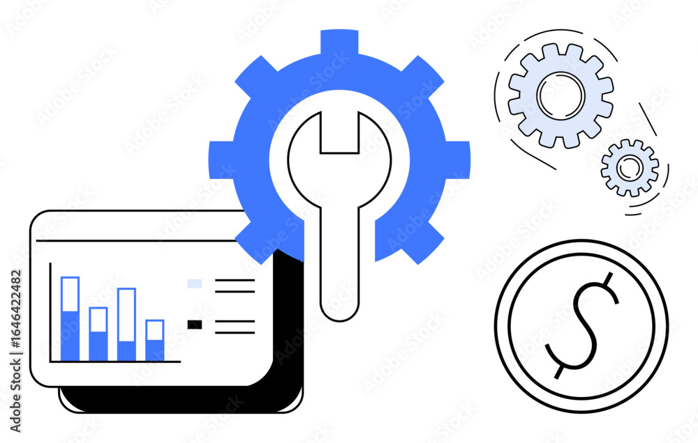 Poster graph with data columns, gear with wrench symbolizing tools and optimization, smaller gears, and dol