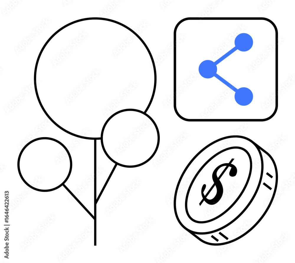 Aufkleber abstract tree shape for growth, node connections for networking, and a dollar coin for finance. idea