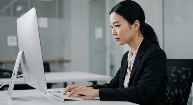 Asian business woman working on desktop computer. 