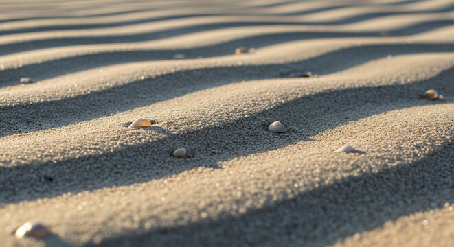 A close-up of fine beach sand, with subtle ripples and shadows created by the sun. - Powered by Adobe